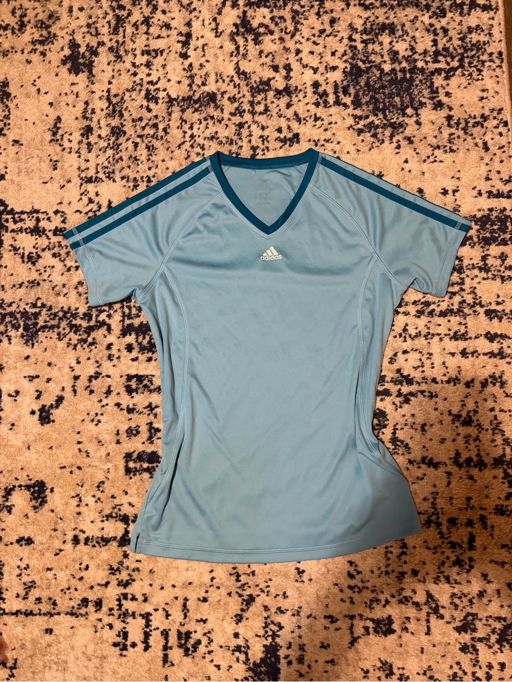 adidas Light Blue V-Neck Athletic Tee with Teal Trim